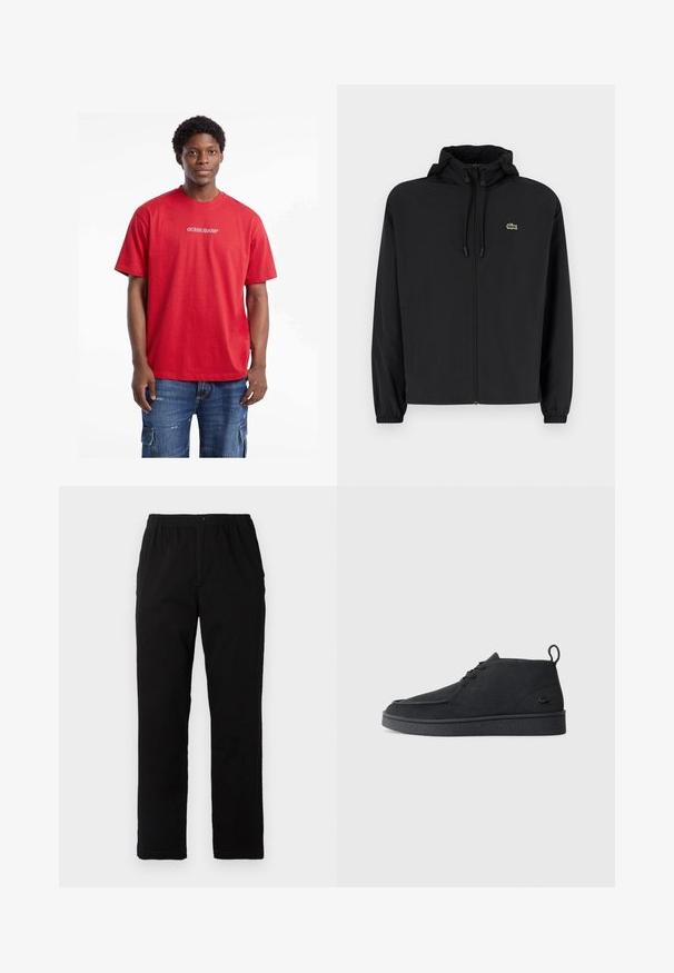 Črna jakna na zadrgo s kapuco, izdelana iz lahkega materiala. Ima elastične manšete in majhen zeleni logotip na levem prsnem delu.; Rdeča bombažna majica s kratkimi rokavi in okroglim izrezom, ki na sprednji strani nosi bel logotip "GUESS JEANS", kombinirana z denim kratkimi hlačami.; Črne hlače iz mešanice bombaža, s ravnim krojem, elastičnim pasom z gumbom in brez vidnih vzorcev ali akcentov.; Črni nubuk gležnjarji z vezalkami in zanko za poteg, z teksturiranim podplatom ter majhnim embosiranim krokodilovim logotipom na strani.