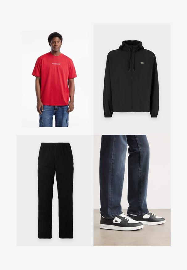 Musta vetoketjullinen takki, jossa on huppu, valmistettu kevyestä materiaalista. Ominaisuuksiin kuuluu joustavat hihansuut ja pieni vihreä logo vasemmassa rinnassa.; Punainen puuvillainen t-paita, jossa on lyhyet hihat ja pyöreä pääntie, edessä valkoinen "GUESS JEANS" -logo, yhdistettyinä farkkucargo-shortseihin.; Mustat housut, jotka on valmistettu puuvilla-sekoitekankaasta, suoran mallin, joustavan vyötärönauhan ja napin kanssa, ilman näkyviä kuvioita tai yksityiskohtia.; Mustat ja valkoiset Lacoste-tennarit, joissa on teksturoitu nahkapinta, nauhakiinnitys ja valkoinen kumipohja. Yhdistetty tummiin farkkuihin.