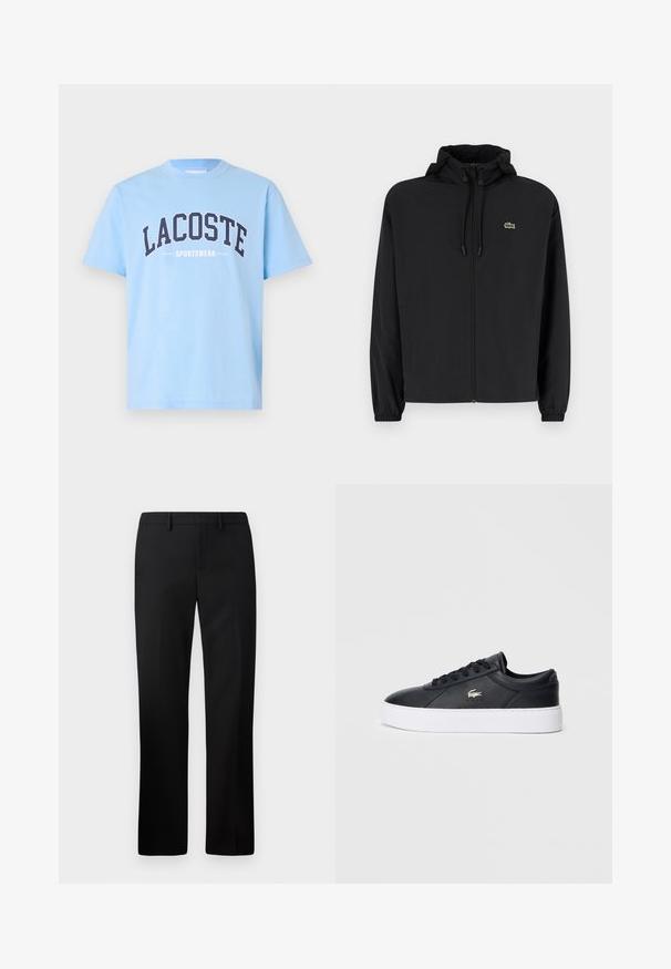 Melnas rāvējslēdzēja jakas ar kapuci, izgatavota no viegla materiāla. Ar elastīgām piedurknēm un mazu zaļu logo kreisajā krūtī.; Gaiši zils kokvilnas t-krekls ar īsām piedurknēm, uz kura priekšpuses tumši zilā un baltā krāsā ir drukāti vārdi "LACOSTE" un "SPORTSWEAR".; Melnas pielāgotas bikses ar taisnu kāju dizainu, izgatavotas no gludas auduma. Iespējas ietver plakanu priekšpusi un vidēja augstuma jostas vietu.; Melnas ādas kedas ar noapaļotu purngalu, viendabīgiem saites un mīkstu apkakli. Iespējas ietver baltu platformas zoli un nelielu logotipa akcentu.