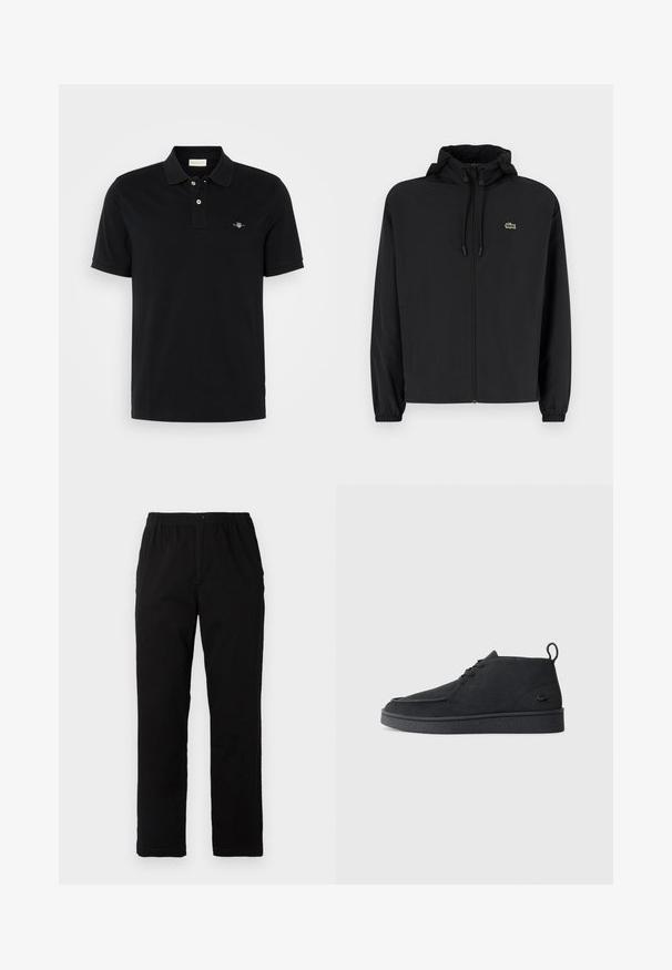 Schwarze Zip-Jacke mit Kapuze, aus leichtem Material hergestellt. Verfügt über elastische Bündchen und ein kleines grünes Logo auf der linken Brust.; Schwarzes Poloshirt aus Baumwolle mit klassischem Kragen, zwei Knopfverschluss, kurzen Ärmeln und kleinem besticktem Logo auf der Brust.; Schwarze Hosen aus einem Baumwollmischgewebe, mit geradem Schnitt, elastischem Bund mit Knopf und ohne sichtbare Muster oder Akzente.; Schwarze Wildleder Schnürstiefelette mit Zuglasche und strukturiertem Boden, ausgestattet mit kleinem eingeprägtem Krokodil-Logo an der Seite.