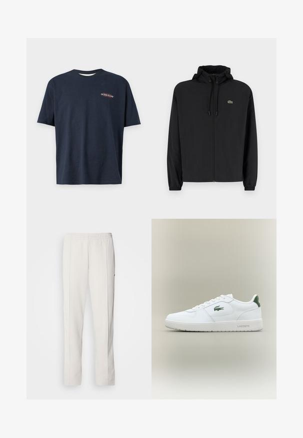 Svart zip-up jakke med hette, laget av lett materiale. Har elastiske mansjetter og en liten grønn logo på venstre bryst.; Marineblå bomulls t-skjorte med korte ermer. Fronten har en liten brodert "GUESS JEANS" logo i rød og hvit. Rund hals, normal passform.; Lacoste Joggebukse - hammam; Hvite skinnsneakers med en glatt finish, grønne detaljer på hælen og en grønn logo på siden. Inkluderer flat såle og rund tå.