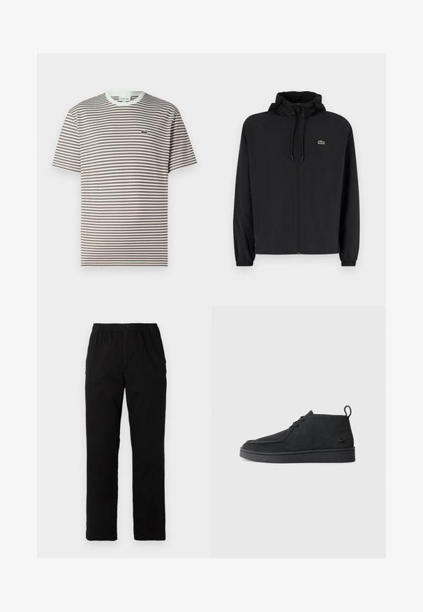 Juodas užtrauktukas striukė su gaubtu, pagaminta iš lengvos medžiagos. Savybės: elastiniai apykaklės ir mažas žalias logotipas kairėje krūtinės pusėje.; Trumpas rankovėmis apvalus kaklas marškinėliai su rudo ir balto horizontalių juostų raštu ir mažuoju žaliu krokodilo logotipu kairėje krūtinės pusėje.; Juodi kelnės, pagamintos iš medvilnės mišinio, su tiesiomis kirpimo linijomis, elastingu liemeniu su mygtuku ir be aiškių raštų ar akcentų.; Juodas zomšinės odo aulinukas su raišteliais, turintis traukimą ir tekstūruotą pado dalį, su mažuoju įspaustu krokodilo logotipu šone.