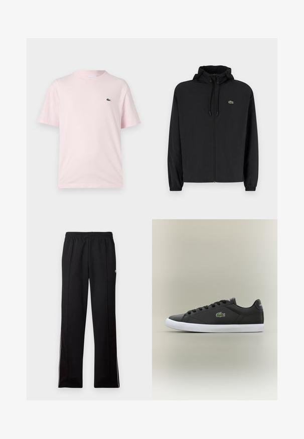 Svart zip-up jakke med hette, laget av lett materiale. Har elastiske mansjetter og en liten grønn logo på venstre bryst.; Lys rosa bomull t-skjorte med korte ermer. Har en liten grønn brodert logo på venstre bryst. Rundhalset design.; Svart hel-lengde idretts bukser med elastisk midje og hvite side striper, med en liten grønn logo på øvre side.; Svarte lær sneakers med hvit gummisåle, med grønt krokodillelogo og runde snører, elegant design med glatt tekstur.