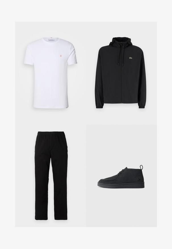 Black zip-up jacket with a hood, made of lightweight material. Features elastic cuffs and a small green logo on the left chest.; White cotton t-shirt with short sleeves, featuring a small orange "II" logo on the left chest and a crew neckline. Simple design and texture.; Black pants made of cotton blend fabric, featuring a straight cut, elastic waistband with button, and no visible patterns or accents.; Black suede lace-up ankle boot with pull tab and textured sole, featuring small embossed crocodile logo on the side.