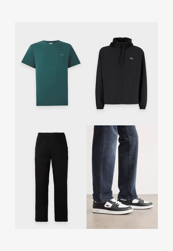 Jachetă neagră cu fermoar și glugă, fabricată din material ușor. Are manșete elastice și un mic logo verde pe pieptul stâng.; Tricou din bumbac de culoare teal, cu mâneci scurte, gât rotund și un mic logo "JOOP!" imprimat într-o nuanță mai deschisă pe față.; Pantaloni negri dintr-un material textil amestecat de bumbac, cu croială dreaptă, talie elastică cu nasture și fără modele sau accente vizibile.; Adidași Lacoste negri și albi cu un superior din piele texturată, având un design cu șireturi și o talpă din cauciuc alb. Purtați cu blugi închiși la culoare.