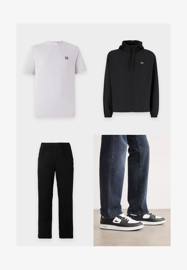 Casaco preto com fecho éclair e capuz, feito de material leve. Apresenta punhos elásticos e um pequeno logotipo verde no lado esquerdo do peito.; T-shirt de mangas curtas em lavanda clara, feita de algodão, com decote redondo e um pequeno emblema escuro à esquerda no peito. Textura suave.; Calças pretas feitas de um tecido de algodão misto, com corte reto, cintura elástica com botão e sem padrões ou detalhes visíveis.; Sneakers Lacoste em preto e branco com parte superior em couro texturizado, apresentando um design com atacadores e uma sola de borracha branca. Usadas com jeans escuros.
