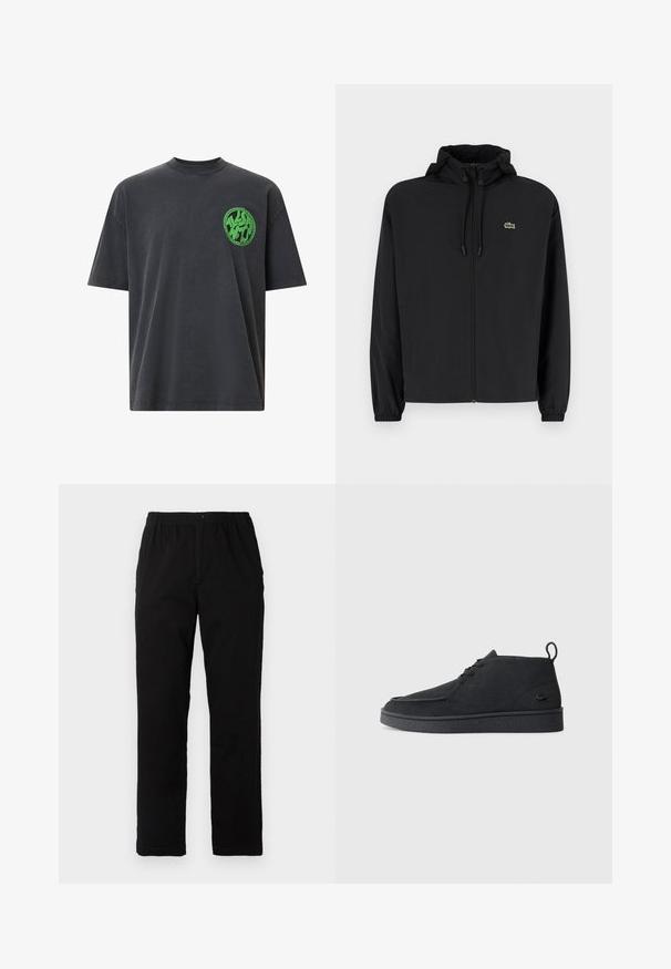 Black zip-up jacket with a hood, made of lightweight material. Features elastic cuffs and a small green logo on the left chest.; Gray cotton t-shirt with short sleeves, crew neck, featuring a circular green logo on the left chest area. Smooth texture.; Black pants made of cotton blend fabric, featuring a straight cut, elastic waistband with button, and no visible patterns or accents.; Black suede lace-up ankle boot with pull tab and textured sole, featuring small embossed crocodile logo on the side.
