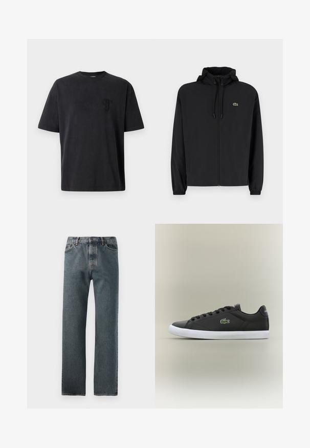 Černá zipová bunda s kapucí, vyrobená z lehkého materiálu. Má elastické manžety a malé zelené logo na levé hrudi.; Černé bavlněné tričko s krátkým rukávem, kulatým výstřihem a jemně vyšitým logem na levé straně hrudi. Hladká textura, volný střih.; Džíny z denimu ve tmavém praní, s rovným střihem, jemným prošitím a zapínáním na knoflík s pěti kapsami.; Černé kožené tenisky s bílou gumovou podrážkou, se zeleným logem krokodýla a kulatými tkaničkami, elegantní design s hladkým povrchem.