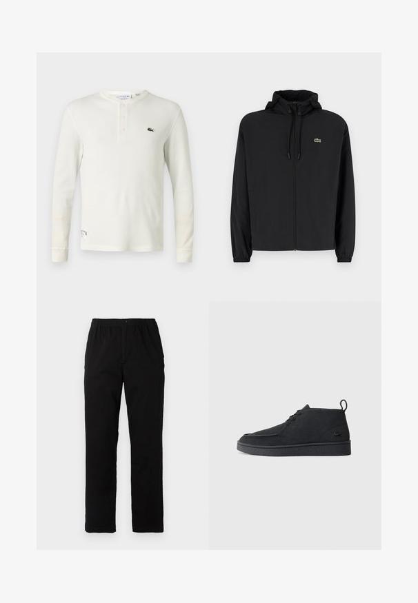 Svart zip-up jakke med hette, laget av lett materiale. Har elastiske mansjetter og en liten grønn logo på venstre bryst.; Langermet kremfarget ribbet henley-skjorte laget av myk bomull, med en tre-knapps placket og en liten grønn brodert logo på brystet.; Sorte bukser laget av bomullsblandet stoff, med rett snitt, elastisk midjebånd med knapp, og uten synlige mønstre eller detaljer.; Svart semsket snøring ankelstøvel med drageløkke og teksturert såle, med en liten preget krokodillelogo på siden.