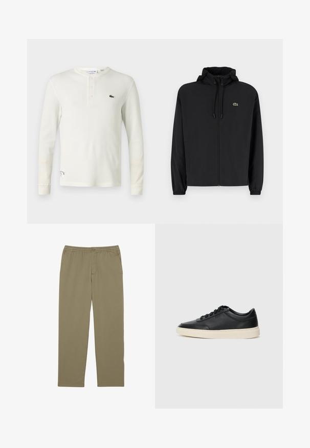 Musta vetoketjullinen takki, jossa on huppu, valmistettu kevyestä materiaalista. Ominaisuuksiin kuuluu joustavat hihansuut ja pieni vihreä logo vasemmassa rinnassa.; Pitkähihainen kermanvärinen ribbikangas henley-paita pehmeää puuvillaa, jossa on kolme nappia ja pieni vihreä brodeerattu logo rinnassa.; Beige puuvillaseguse kangaga püksid, millel on elastne vöökoht, sirge jalgade disain, lame eesosa ja küljetaskud. Ideaalne igapäevaseks kandmiseks.; Musta matalavartinen nahkastretchu, jossa on mustat nauhat ja vaaleanharmaa pohja, esitetty sivuprofiilissa valkoista taustaa vasten.