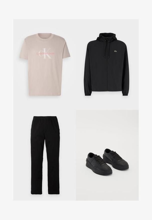Black zip-up jacket with a hood, made of lightweight material. Features elastic cuffs and a small green logo on the left chest.; Beige cotton T-shirt with round neck, short sleeves, featuring a subtle white and pink "Calvin Klein Jeans" logo design on the front.; Black pants made of cotton blend fabric, featuring a straight cut, elastic waistband with button, and no visible patterns or accents.; Black sneakers made of smooth leather with a cushioned sole. Features include flat laces, perforations on the toe, and a sleek silhouette.