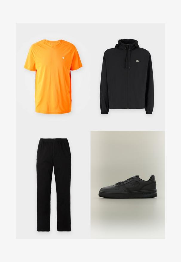 Black zip-up jacket with a hood, made of lightweight material. Features elastic cuffs and a small green logo on the left chest.; Orange short-sleeve V-neck t-shirt made of smooth fabric, featuring raglan sleeves and a small white logo on the left chest.; Black pants made of cotton blend fabric, featuring a straight cut, elastic waistband with button, and no visible patterns or accents.; Black Lacoste low-top sneaker with leather upper, lace-up design, and embossed crocodile logo on side and "Lacoste" on sole.