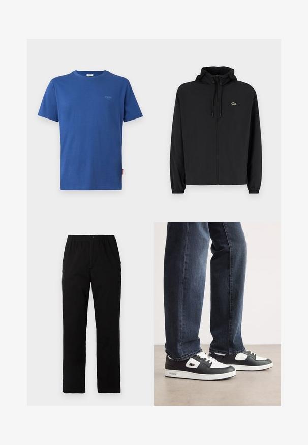 Casaco preto com fecho éclair e capuz, feito de material leve. Apresenta punhos elásticos e um pequeno logotipo verde no lado esquerdo do peito.; Camiseta azul de mangas curtas, feita de algodão, com decote redondo. Apresenta um pequeno logótipo azul claro no peito e uma etiqueta na lateral.; Calças pretas feitas de um tecido de algodão misto, com corte reto, cintura elástica com botão e sem padrões ou detalhes visíveis.; Sneakers Lacoste em preto e branco com parte superior em couro texturizado, apresentando um design com atacadores e uma sola de borracha branca. Usadas com jeans escuros.