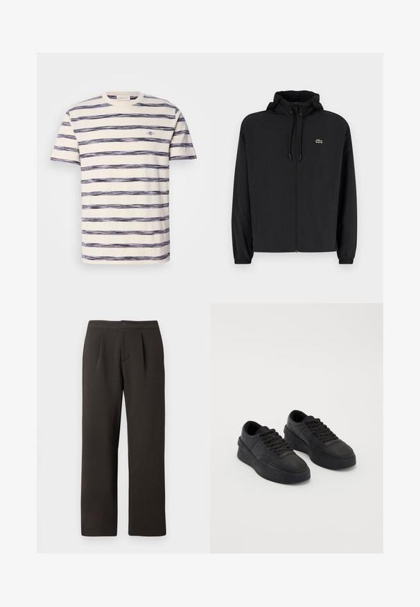 Mustmust jacket, millel näpsuga, kergest materjalist. Omab elastseid mansette ja väikest rohelist logo vasakul rinnal.; Creemivärvi triibuline lühikeste varrukatega T-särk, millel on tumehallid ebakorrapärased horistontaalsed triibud, ning rinnal väike logo. Pehme puuvillane kangas.; T tumedad pruunid sirged püksid lamedate esiosadega, kahe voltimisega ja nööbi kinnitusega. Valmistatud siledast kangast, millel on kerge tekstuur.; Mustad nahast mustad sneekerid, millel on pehme tald. Omadusteks on lapikud paelad, perforatsioonid varvaste piirkonnas ja voolujooneline siluett.