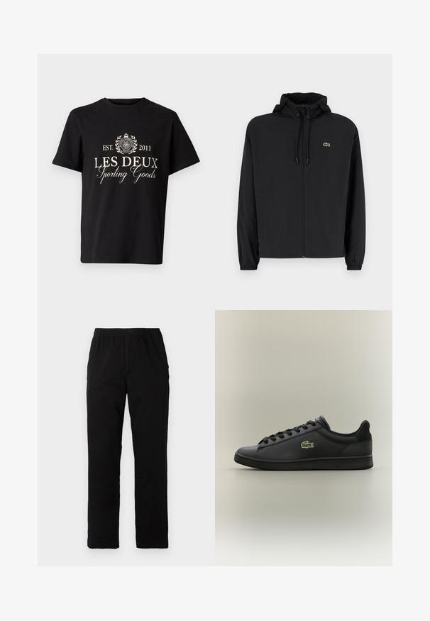 Svart zip-jacka med huva, tillverkad av lätt material. Har elastiska muddar och en liten grön logotyp på vänster bröst.; Svart bomullströja med rund hals, med tryckt text i vitt: "LES DEUX Sporting Goods" och en logotyp med lagerkrans.; Svarta byxor i en blandning av bomull, med rak passform, elastisk midja med knapp och utan synliga mönster eller accenter.; Svart lågt skinnsneaker med svarta snören och en grön krokodil-logotyp på sidan, mot en enkel neutral bakgrund.