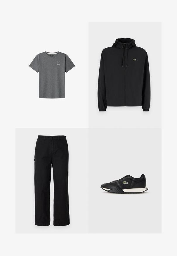 Černá zipová bunda s kapucí, vyrobená z lehkého materiálu. Má elastické manžety a malé zelené logo na levé hrudi.; Šedé bavlněné tričko s krátkými rukávy, klasickým kulatým výstřihem a vyšívaným logem "H" na levé části hrudi. Hladká textura, uvolněný střih.; Černé bavlněné cargo kalhoty se střihem rovného nohavice, obsahující boční kapsy a přední zapínání na knoflík. Odolná tkanina s hladkou strukturou.; Černé tenisky s hladkým koženým povrchem, obsahující texturovanou gumovou podrážku, bílou mezipodešev a zelené vyšívané logo na boku.