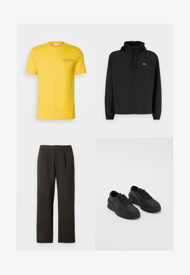 Black zip-up jacket with a hood, made of lightweight material. Features elastic cuffs and a small green logo on the left chest.; Yellow cotton t-shirt with a crew neck, short sleeves, and a printed logo on the left chest, featuring a smooth texture and casual design.; Dark brown, straight-leg trousers with a flat front, two pleats, and a button closure. Made of smooth fabric with a slight texture.; Black sneakers made of smooth leather with a cushioned sole. Features include flat laces, perforations on the toe, and a sleek silhouette.