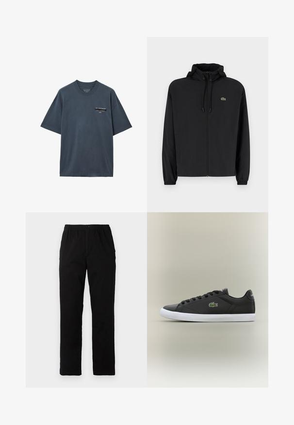 Svart zip-jacka med huva, tillverkad av lätt material. Har elastiska muddar och en liten grön logotyp på vänster bröst.; Mörkgrå t-shirt med kort ärm och rund halsringning, med en liten vit och svart AllSaints-logotyp och text på den övre vänstra bröstet.; Svarta byxor i en blandning av bomull, med rak passform, elastisk midja med knapp och utan synliga mönster eller accenter.; Svarta lädersneakers med vit gummisula, med en grön krokodil-logotyp och runda snörningar, slankt design med slät textur.