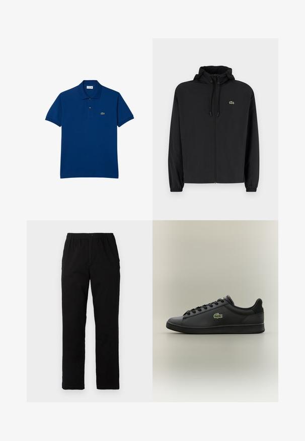 Svart zip-jacka med huva, tillverkad av lätt material. Har elastiska muddar och en liten grön logotyp på vänster bröst.; Lacoste Piké - bleu hbm; Svarta byxor i en blandning av bomull, med rak passform, elastisk midja med knapp och utan synliga mönster eller accenter.; Svart lågt skinnsneaker med svarta snören och en grön krokodil-logotyp på sidan, mot en enkel neutral bakgrund.