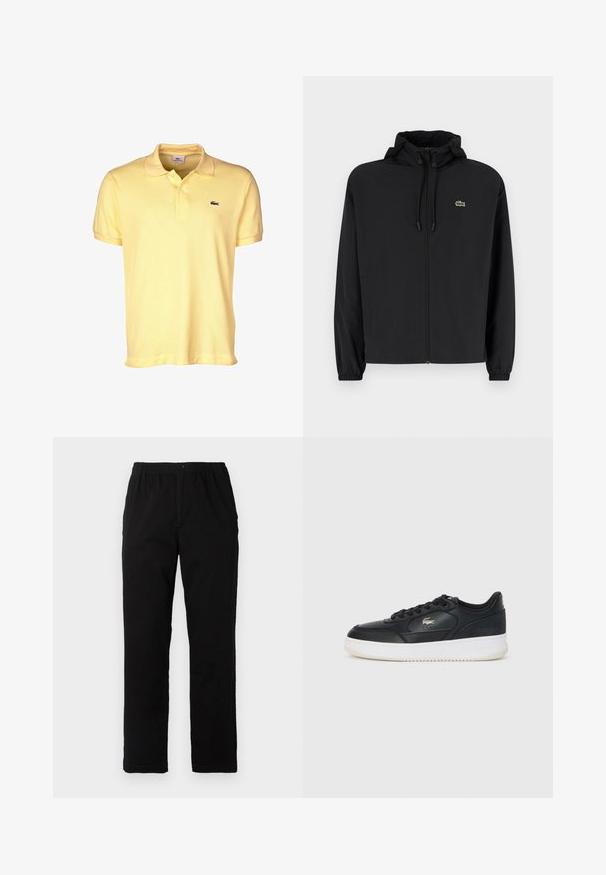 Musta vetoketjullinen takki, jossa on huppu, valmistettu kevyestä materiaalista. Ominaisuuksiin kuuluu joustavat hihansuut ja pieni vihreä logo vasemmassa rinnassa.; Keltainen puuvillapaitapano, jossa on kaksiknappinen kaulus, lyhyet hihat ja pieni musta krokotiillogo rinnassa.; Mustat housut, jotka on valmistettu puuvilla-sekoitekankaasta, suoran mallin, joustavan vyötärönauhan ja napin kanssa, ilman näkyviä kuvioita tai yksityiskohtia.; Mustat nahkakengät valkoisella pohjalla, joissa on pyöreä kärki, nauhoitus ja hienovarainen logo sivussa. Rakenteellinen yläosa korostaa kengän tyyliä.