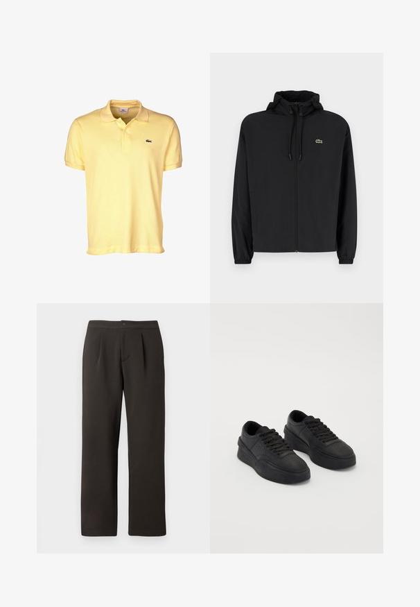 Schwarze Zip-Jacke mit Kapuze, aus leichtem Material hergestellt. Verfügt über elastische Bündchen und ein kleines grünes Logo auf der linken Brust.; Gelbes Poloshirt aus Baumwolle mit einem Zwei-Knopf-Verschluss, kurzen Ärmeln und einem kleinen schwarzen Krokodil-Logo auf der Brust.; Dunkelbraune, gerade geschnittene Hose mit flachem Bund, zwei Falten und Knopfverschluss. Hergestellt aus glattem Stoff mit leichtem Textur.; Schwarze Sneakers aus glattem Leder mit einer gepolsterten Sohle. Merkmale sind flache Schnürsenkel, Perforationen an der Zehenpartie und eine schlanke Silhouette.