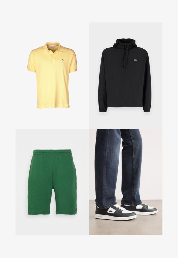 Schwarze Zip-Jacke mit Kapuze, aus leichtem Material hergestellt. Verfügt über elastische Bündchen und ein kleines grünes Logo auf der linken Brust.; Gelbes Poloshirt aus Baumwolle mit einem Zwei-Knopf-Verschluss, kurzen Ärmeln und einem kleinen schwarzen Krokodil-Logo auf der Brust.; Grüne Shorts mit elastischem Bund und Seitentaschen, mit einem kleinen Logo am linken Bein. Glatte Textur, knielang.; Schwarz-weiße Lacoste-Sneaker mit einem Obermaterial aus strukturiertem Leder, ausgestattet mit einem Schnürdesign und einer weißen Gummiaußensohle. Getragen mit dunklen Jeans.