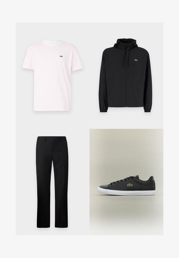 Svart zip-jacka med huva, tillverkad av lätt material. Har elastiska muddar och en liten grön logotyp på vänster bröst.; Randig kortärmad t-shirt i ljusrosa och vitt, med en rund halsringning och en liten grön krokodillogo på bröstet.; Svarta skräddarsydda byxor med rak ben-design, tillverkade av ett slätt tyg. Funktioner inkluderar en slät front och midjehöjd.; Svarta lädersneakers med vit gummisula, med en grön krokodil-logotyp och runda snörningar, slankt design med slät textur.