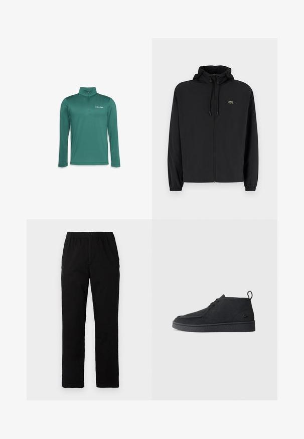 Czarna kurtka zapinana na zamek z kapturem, wykonana z lekkiego materiału. Posiada elastyczne mankiety oraz małe zielone logo na lewej piersi.; Turkusowa, długorękawowa półzapinana bluza wykonana z lekkiego materiału, z wyższym kołnierzem i wytłoczonym logo Calvin Klein na piersi.; Czarne spodnie wykonane z mieszanki bawełny, z prostym krojem, elastycznym paskiem w talii z guzikiem oraz bez widocznych wzorów czy akcentów.; Czarne zamszowe botki za kostkę na sznurki z pętelką i teksturowaną podeszwą, z małym wytłoczonym logo krokodyla z boku.