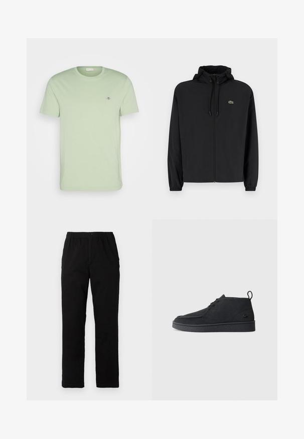 Juodas užtrauktukas striukė su gaubtu, pagaminta iš lengvos medžiagos. Savybės: elastiniai apykaklės ir mažas žalias logotipas kairėje krūtinės pusėje.; GANT SHIELD - Paprasti marškinėliai - milky matcha; Juodi kelnės, pagamintos iš medvilnės mišinio, su tiesiomis kirpimo linijomis, elastingu liemeniu su mygtuku ir be aiškių raštų ar akcentų.; Juodas zomšinės odo aulinukas su raišteliais, turintis traukimą ir tekstūruotą pado dalį, su mažuoju įspaustu krokodilo logotipu šone.