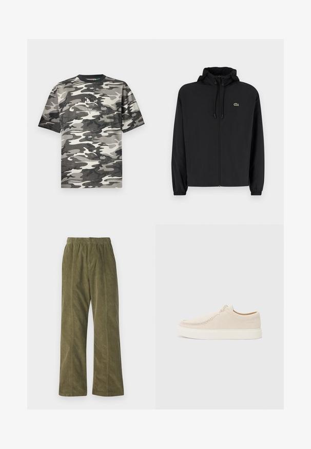 Černá zipová bunda s kapucí, vyrobená z lehkého materiálu. Má elastické manžety a malé zelené logo na levé hrudi.; Šedé, černé a béžové maskáčové tričko s krátkým rukávem, kulatým výstřihem a malým logem na hrudi. Vyrobeno z měkké bavlny.; Kordové kalhoty v olivově zelené barvě s širokým střihem, elastickým pasem a viditelným švem podél stran.; Světlé béžové semišové tenisky s kulatou špičkou, minimálním prošíváním a bílou gumovou podešví. Mají jednoduché šněrování a detail s brandingem.