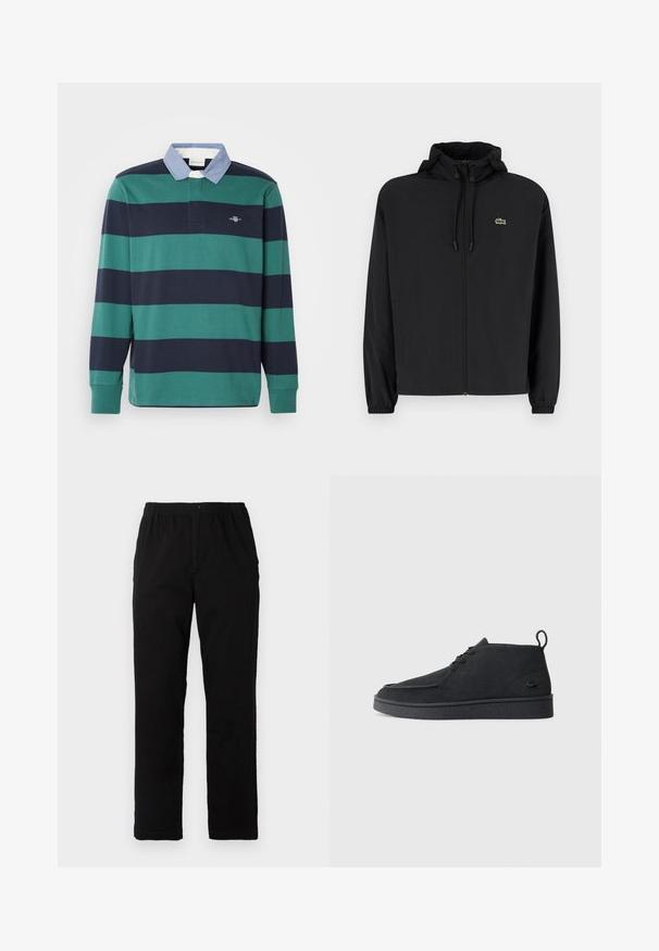 Černá zipová bunda s kapucí, vyrobená z lehkého materiálu. Má elastické manžety a malé zelené logo na levé hrudi.; Polo triko s dlouhým rukávem v zeleno-námořnických horizontálních pruzích, s světle modrým límcem a malým vyšívaným logem na hrudi.; Černé kalhoty vyrobené z bavlněné směsi, s rovný střih, elastickým pasem s knoflíkem a bez viditelných vzorů či akcentů.; Černé semišové kotníkové boty na šněrování s poutkem a texturovanou podrážkou, s malým reliéfním krokodýlím logem na boku.