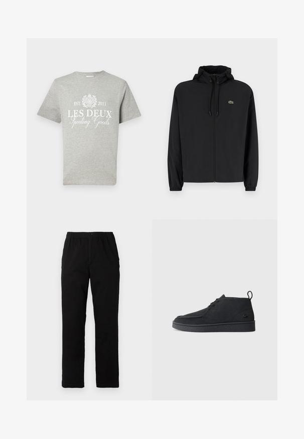 Svart zip-jacka med huva, tillverkad av lätt material. Har elastiska muddar och en liten grön logotyp på vänster bröst.; Grå T-shirt med kort ärm, tillverkad av bomull, med vit tryckt text "LES DEUX Sporting Goods" och en cirkulär logotyp ovanför samt etableringsår.; Svarta byxor i en blandning av bomull, med rak passform, elastisk midja med knapp och utan synliga mönster eller accenter.; Svart mocka snörning ankle boot med dragtab och strukturerad sula, med en liten präglad krokodil-logotyp på sidan.