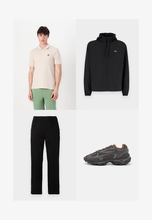 Casaco preto com fecho éclair e capuz, feito de material leve. Apresenta punhos elásticos e um pequeno logotipo verde no lado esquerdo do peito.; Pólo bege de manga curta com um tecido texturizado, apresentando três botões e um pequeno logótipo de borboleta amarela no peito.; Calças pretas feitas de um tecido de algodão misto, com corte reto, cintura elástica com botão e sem padrões ou detalhes visíveis.; Ténis Lacoste em cinza-escuro com material em malha e sintético, apresentando uma sola texturizada e detalhes castanhos na gola e na marca.