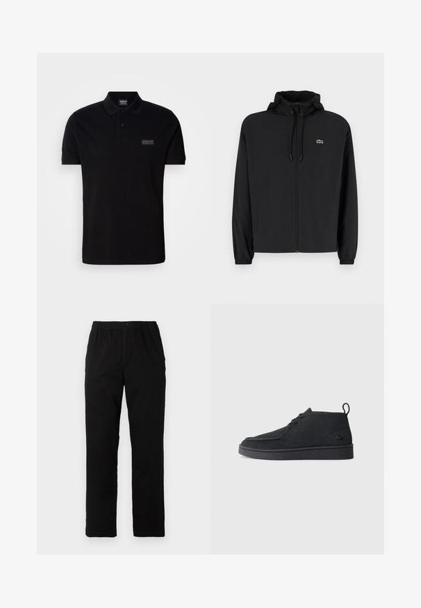 Mustmust jacket, millel näpsuga, kergest materjalist. Omab elastseid mansette ja väikest rohelist logo vasakul rinnal.; Must värvi polo särk, mis on valmistatud puuvillast, kaasas krae, kaks nuppu, lühikesed varrukad ja väike bränditud silt rinnal.; Mustad mustreid, puuvillast segakanga valmistatud mustad püksid, mis on sirge lõikega, elastse vöökoht ja nööp, ilma nähtavate mustrite või aktsentideta.; Must värvi sametist nööbitavad ankle-kingad tõmbluku ja tekstureeritud tallaga, millel on külgedel väike reljeefne krokodillilogo.