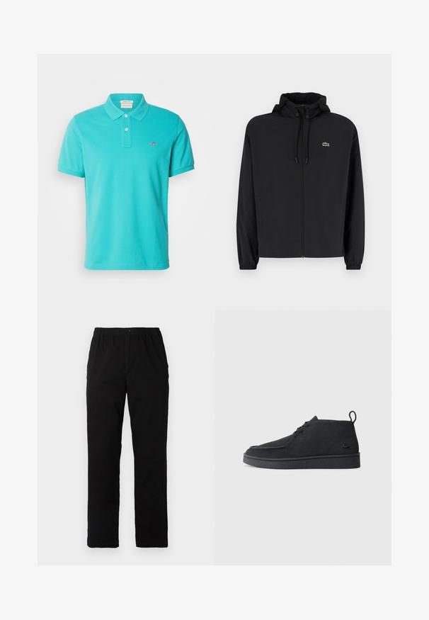 Čierna mikina na zips s kapucňou, vyrobená z ľahkého materiálu. Má elastické manžety a malú zelenú značku na ľavej hrudi.; GANT REG SHIELD SS - Polokošeľa - lagoon blue; Čierne nohavice vyrobené z bavlnenej zmesi, so strihom rovného strihu, elastickým pásom s gombíkom a bez viditeľných vzorov alebo akcentov.; Čierne zamšové členkové topánky na šnurovanie s pútkom a štruktúrovanou podrážkou, s malým embosovaným logom krokodíla na boku.