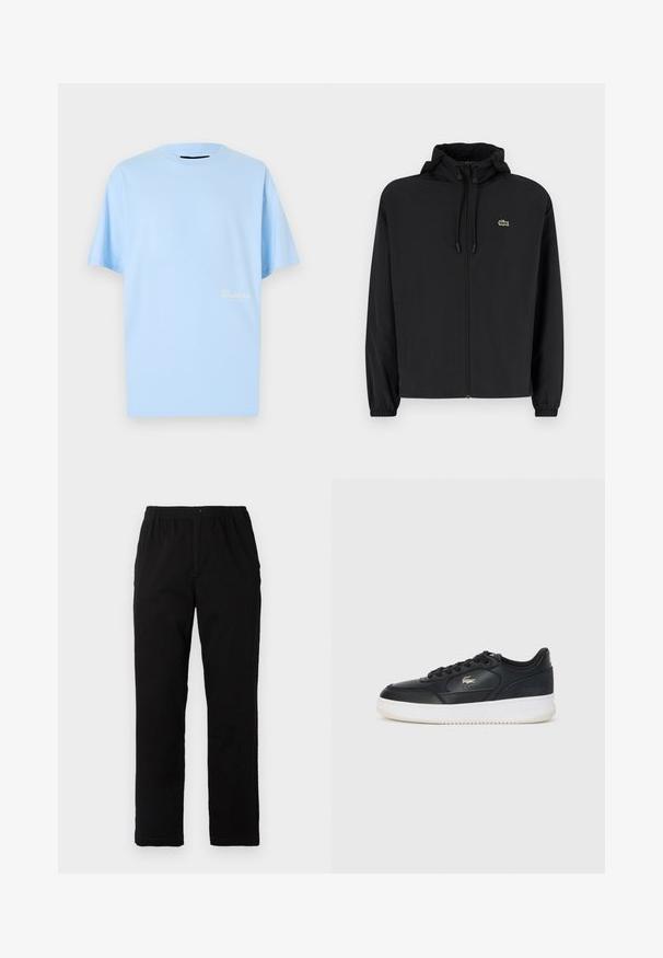 Black zip-up jacket with a hood, made of lightweight material. Features elastic cuffs and a small green logo on the left chest.; Light blue short-sleeve t-shirt made of soft cotton, featuring a crew neckline and subtle "Barbour" logo in a contrasting color.; Black pants made of cotton blend fabric, featuring a straight cut, elastic waistband with button, and no visible patterns or accents.; Black leather sneaker with white sole, featuring a rounded toe, lace-up design, and a subtle logo on the side. Textured upper accents.