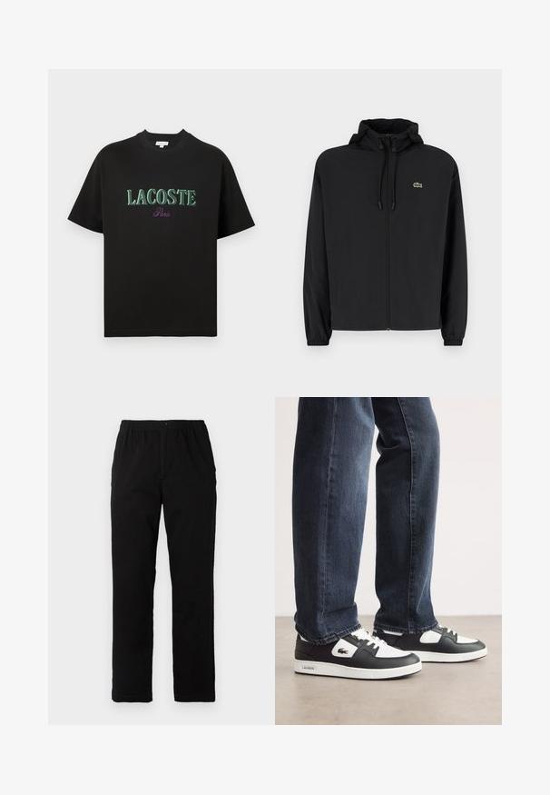 Čierna mikina na zips s kapucňou, vyrobená z ľahkého materiálu. Má elastické manžety a malú zelenú značku na ľavej hrudi.; Čierne bavlnené tričko s krátkymi rukávmi, s nápisom zeleným písmom "LACOSTE" a fialovým "Paris" pod ním. Jednoduchý dizajn, klasický okrúhly výstrih.; Čierne nohavice vyrobené z bavlnenej zmesi, so strihom rovného strihu, elastickým pásom s gombíkom a bez viditeľných vzorov alebo akcentov.; Čierno-biele tenisky Lacoste s textúrovanou kožou, so šnurovaním a bielou gumovou vystuženou podrážkou. Nosené s tmavými džínsami.