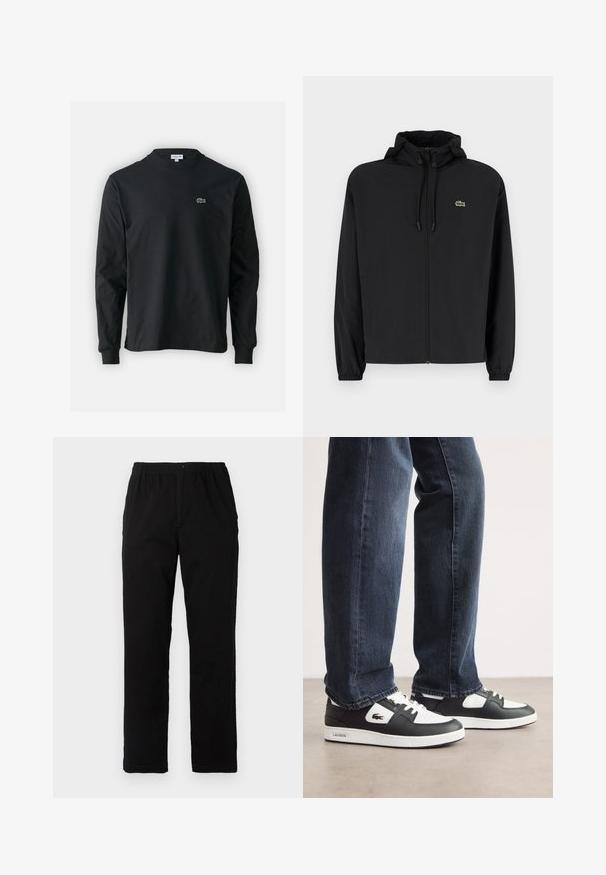 Casaco preto com fecho éclair e capuz, feito de material leve. Apresenta punhos elásticos e um pequeno logotipo verde no lado esquerdo do peito.; Camisola preta de manga longa feita de algodão, com decote redondo e um pequeno logótipo de crocodilo bordado em verde no lado esquerdo do peito.; Calças pretas feitas de um tecido de algodão misto, com corte reto, cintura elástica com botão e sem padrões ou detalhes visíveis.; Sneakers Lacoste em preto e branco com parte superior em couro texturizado, apresentando um design com atacadores e uma sola de borracha branca. Usadas com jeans escuros.