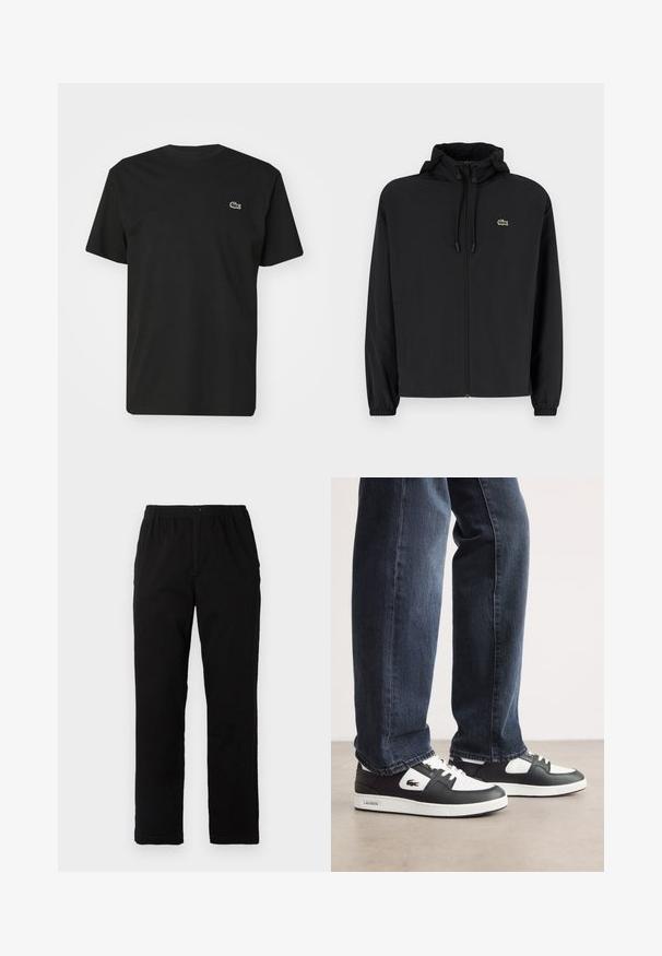 Svart zip-jacka med huva, tillverkad av lätt material. Har elastiska muddar och en liten grön logotyp på vänster bröst.; Svart bomull t-shirt med korta ärmar och rundad halsringning. Har en liten grön och vit krokodil-logotyp på vänster bröst.; Svarta byxor i en blandning av bomull, med rak passform, elastisk midja med knapp och utan synliga mönster eller accenter.; Svarta och vita Lacoste-sneakers med en texturerad läderövre, med snörningsdesign och en vit gummisula. Bärs med mörka jeans.