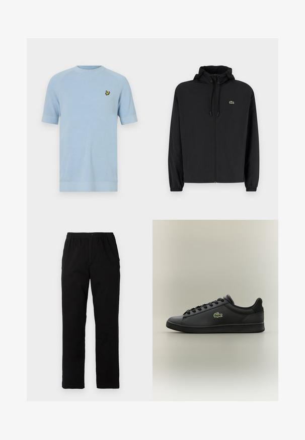 Črna jakna na zadrgo s kapuco, izdelana iz lahkega materiala. Ima elastične manšete in majhen zeleni logotip na levem prsnem delu.; Svetlo modra pletena majica s kratkimi rokavi in okroglim izrezom, narejena iz teksturirane tkanine. Na levi strani prsnega dela ima majhen logo rumene ptice.; Črne hlače iz mešanice bombaža, s ravnim krojem, elastičnim pasom z gumbom in brez vidnih vzorcev ali akcentov.; Črn nizki usnjeni tekač s črnimi vezalkami, ki ima na strani zeleno krokodilovo ikono, postavljen na enotnem nevtralnem ozadju.