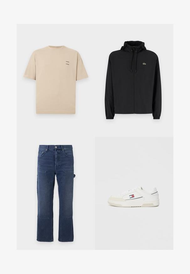 Black zip-up jacket with a hood, made of lightweight material. Features elastic cuffs and a small green logo on the left chest.; Beige cotton t-shirt with a round neckline and short sleeves. Features small text logo on the upper left side. Simple, unadorned design.; Dark blue denim pants with a relaxed fit, featuring patch pockets, straight leg design, and slight fading on fabric.; White sneakers with a smooth leather upper and suede toe cap, featuring a small red, white, and blue logo on the side and textured sole.