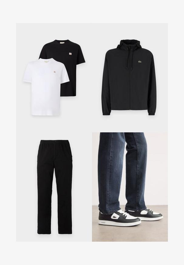 Black zip-up jacket with a hood, made of lightweight material. Features elastic cuffs and a small green logo on the left chest.; Two short-sleeved t-shirts in black and white cotton, featuring a small logo on the chest and a classic crew neck design.; Black pants made of cotton blend fabric, featuring a straight cut, elastic waistband with button, and no visible patterns or accents.; Black and white Lacoste sneakers with a textured leather upper, featuring a lace-up design and a white rubber outsole. Worn with dark jeans.