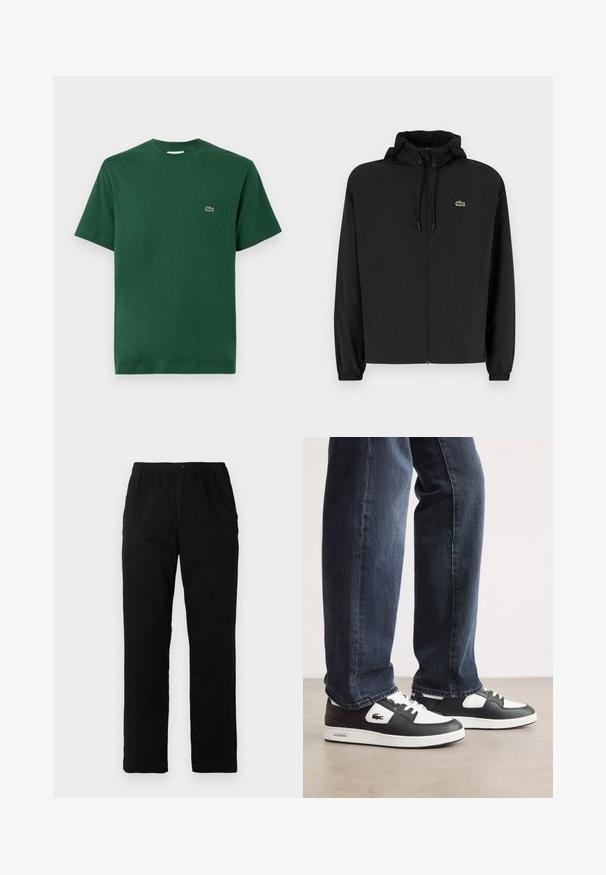Černá zipová bunda s kapucí, vyrobená z lehkého materiálu. Má elastické manžety a malé zelené logo na levé hrudi.; Zelené bavlněné tričko s kulatým výstřihem, krátkými rukávy a kapsou na levé straně hrudi, která má malé vyšití loga.; Černé kalhoty vyrobené z bavlněné směsi, s rovný střih, elastickým pasem s knoflíkem a bez viditelných vzorů či akcentů.; Černo-bílé tenisky Lacoste s texturovaným koženým svrškem, se šněrovacím designem a bílou gumovou podešví. Nosené s tmavými džíny.