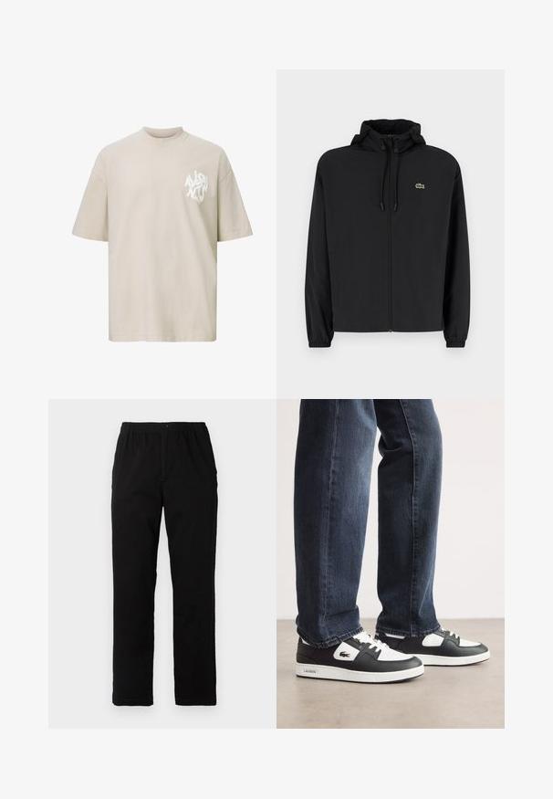 Chaqueta negra con cremallera y capucha, hecha de material ligero. Cuenta con puños elásticos y un pequeño logo verde en el lado izquierdo del pecho.; Camiseta beige de gran tamaño con mangas cortas y un logo de texto abstracto blanco en el área del pecho izquierdo.; Pantalones negros de tejido de mezcla de algodón, con corte recto, cintura elástica con botón y sin patrones o acentos visibles.; Zapatillas Lacoste en blanco y negro con una parte superior de cuero texturizado, que presentan un diseño con cordones y una suela de goma blanca. Combinadas con jeans oscuros.