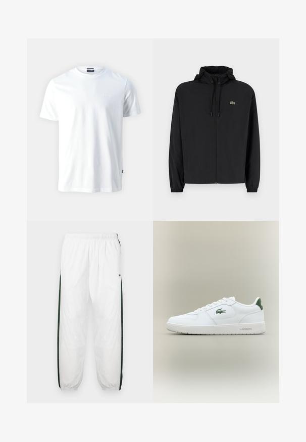Črna jakna na zadrgo s kapuco, izdelana iz lahkega materiala. Ima elastične manšete in majhen zeleni logotip na levem prsnem delu.; Bela bomba z kratkimi rokavi iz bombaža s krožnim izrezom, ki ima subtilno izbočeno logotip "Joop!" na prsih in ravno rob.; Bela tekaška hlače s temno zelenimi stranskimi ploščami. Lahka material, elastični pas in prikrajšani robovi. Imajo mrežasto teksturo na stranskih ploščah.; Bela usnjena tenisačka obutev s gladko površino, z zelenimi poudarki na peti in zelenim logotipom ob strani. Ima ravno podplat in okroglo konico.