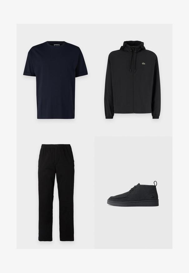 Svart zip-up jakke med hette, laget av lett materiale. Har elastiske mansjetter og en liten grønn logo på venstre bryst.; Mørkeblå bomull T-skjorte med korte ermer og rund hals, med en jevn tekstur og uten synlige mønstre eller logoer.; Sorte bukser laget av bomullsblandet stoff, med rett snitt, elastisk midjebånd med knapp, og uten synlige mønstre eller detaljer.; Svart semsket snøring ankelstøvel med drageløkke og teksturert såle, med en liten preget krokodillelogo på siden.