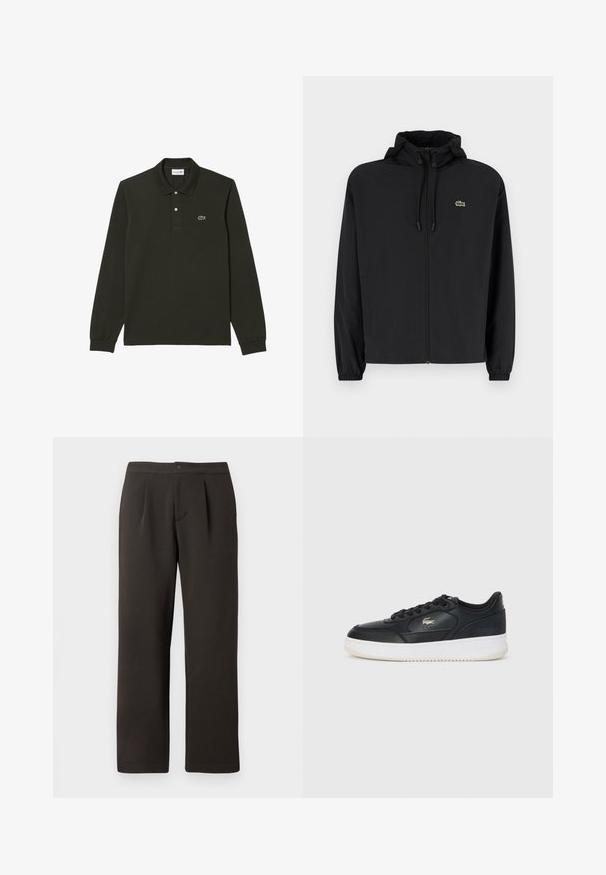 Musta vetoketjullinen takki, jossa on huppu, valmistettu kevyestä materiaalista. Ominaisuuksiin kuuluu joustavat hihansuut ja pieni vihreä logo vasemmassa rinnassa.; Tummanvihreä pitkähihaisen polo-paita puuvillasta, jossa on klassinen kaulus, kolme nappia edessä ja brodeerattu logo vasemmassa rinnassa.; Tummanruskeat suorat lahkeet, joissa on litteä etuosa, kaksi laskosta ja napin suljenta. Valmistettu sileästä kankaasta, jossa on pieni tekstuuri.; Mustat nahkakengät valkoisella pohjalla, joissa on pyöreä kärki, nauhoitus ja hienovarainen logo sivussa. Rakenteellinen yläosa korostaa kengän tyyliä.