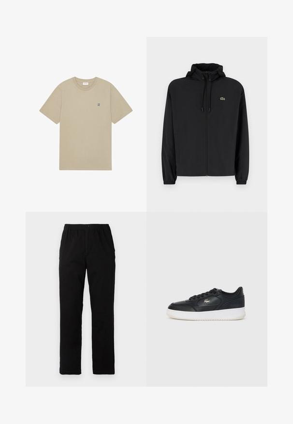 Casaco preto com fecho éclair e capuz, feito de material leve. Apresenta punhos elásticos e um pequeno logotipo verde no lado esquerdo do peito.; T-shirt bege de algodão com mangas curtas, gola redonda e um pequeno "II" azul bordado no lado esquerdo do peito. Tecido liso e leve.; Calças pretas feitas de um tecido de algodão misto, com corte reto, cintura elástica com botão e sem padrões ou detalhes visíveis.; Sapatilha de couro preto com sola branca, apresentando um bico arredondado, design com atacadores e um logotipo discreto na lateral. Detalhes em relevo na parte superior.