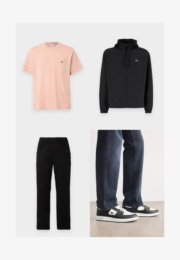 Fekete, kapucnis, cipzáras dzseki, könnyű anyagból készült. Rugalmas mandzsettákkal és egy kis zöld logóval rendelkezik a bal mellrészen.; Világos rózsaszín pamut póló, kerek nyakkivágással, rövidujjakkal, és bal oldalon egy zsebből álló zsebbel, amelyen zöld Lacoste logó található.; Fekete pamut keverék anyagú nadrág, egyenes szabású, rugalmas derékrésszel és gombbal, látható minták vagy díszítések nélkül.; Fekete-fehér Lacoste sportcipők, texturált bőrből készült felső résszel, fűzős kivitelben és fehér gumitalppal. Sötét farmernadrággal viselve.