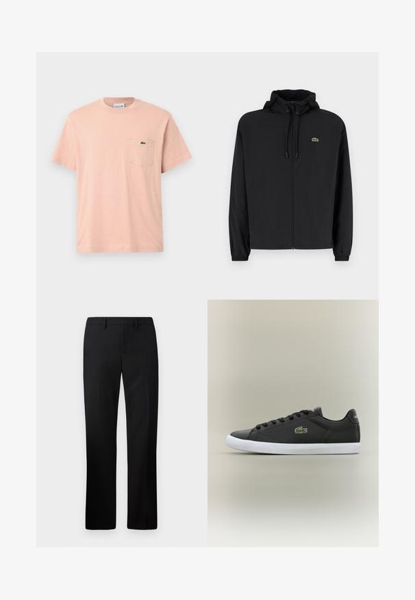 Čierna mikina na zips s kapucňou, vyrobená z ľahkého materiálu. Má elastické manžety a malú zelenú značku na ľavej hrudi.; Bledoružová bavlnená tričko s okrúhlym výstrihom, krátkymi rukávmi a ľavým vreckom na hrudi so zeleným logom Lacoste.; Čierne elegantné nohavice so rovnými nohavicami, vyrobené z hladkej tkaniny. Súčasťou je plochý predný diel a pás so stredným vzostupom.; Čierne kožené tenisky s bielou gumovou podrážkou, s logom zeleného krokodíla a okrúhlymi šnúrkami, elegantný dizajn s hladkou textúrou.